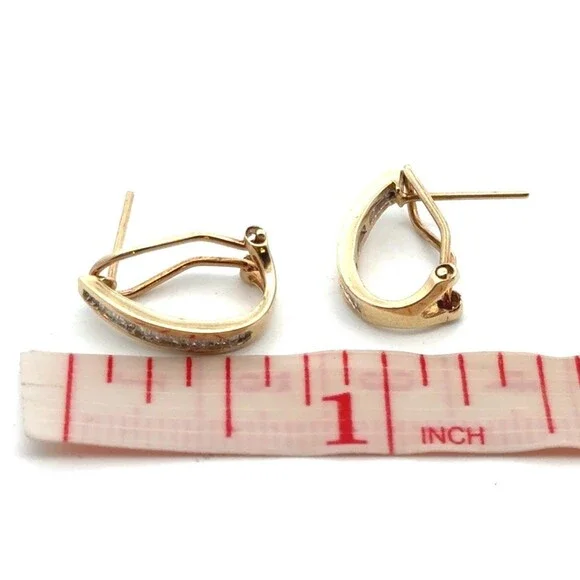 Designer HN 10K Yellow Gold Baguette Diamond Omega Back Oval Hoop Stud Earrings